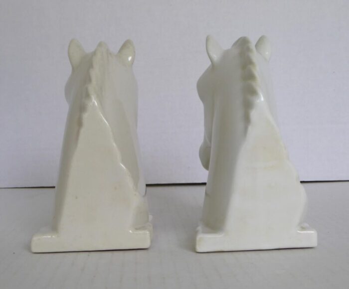 pair deco ceramic white horse head bookends by abingdon pottery 1940s 1239