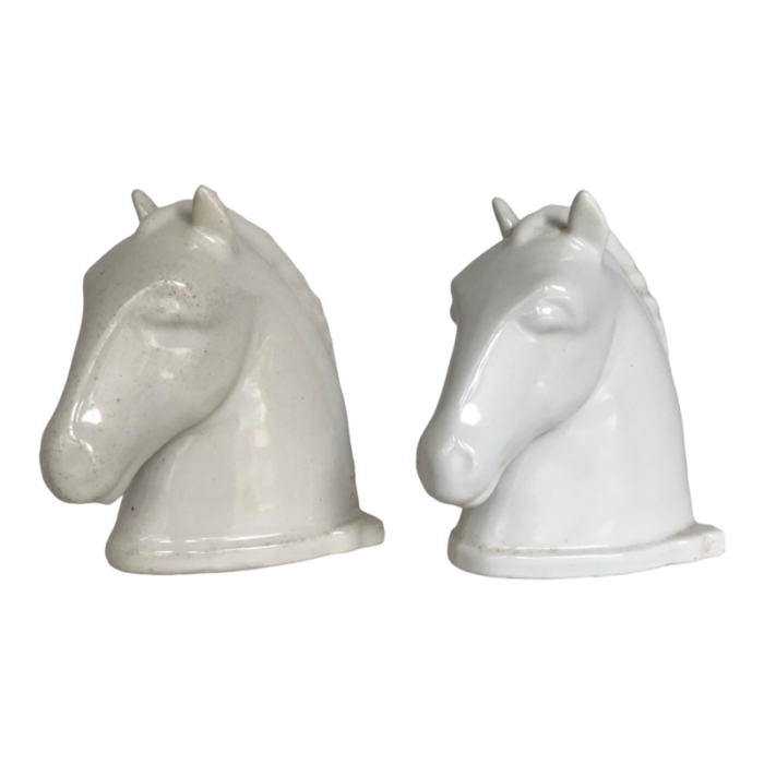 pair deco ceramic white horse head bookends by abingdon pottery 1940s 3926