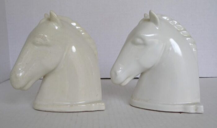 pair deco ceramic white horse head bookends by abingdon pottery 1940s 7671