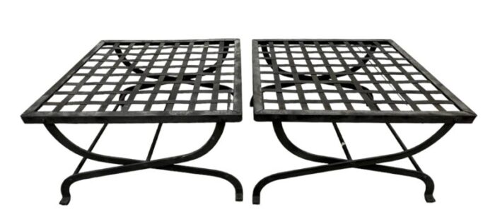 pair iron lattice top curule style ottomans 9804