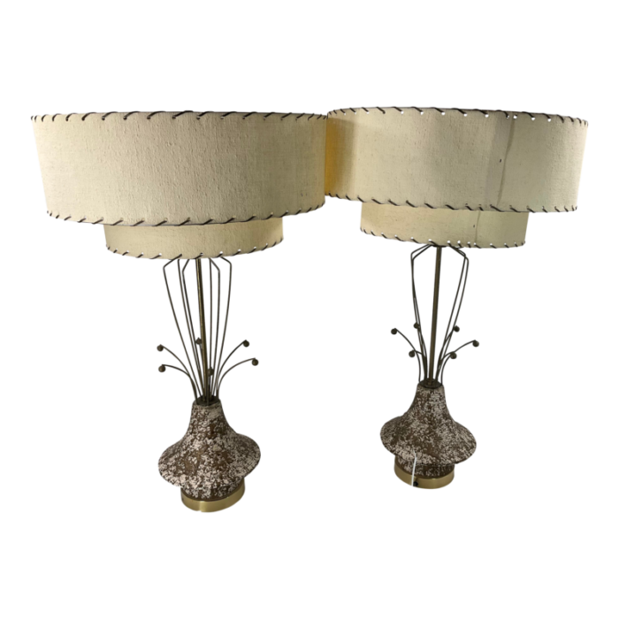 pair mid century modern atomic table lamps wire double shade hand tied corded 1960s 2123