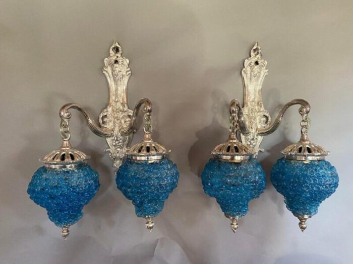 pair of 1990 french louis xvi style silver bronze sconces wall lamps with blue crystal shades 0345