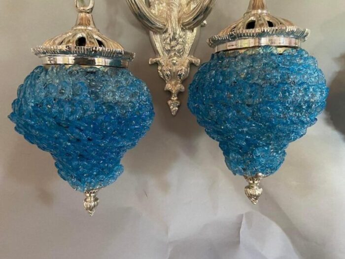 pair of 1990 french louis xvi style silver bronze sconces wall lamps with blue crystal shades 0522