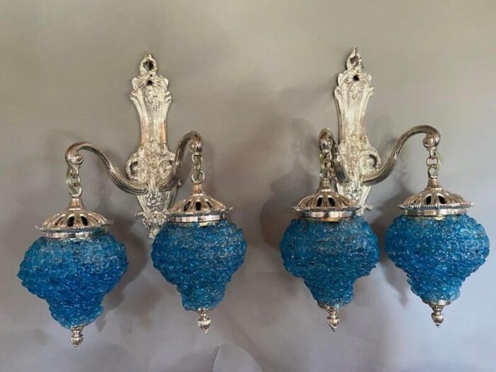 pair of 1990 french louis xvi style silver bronze sconces wall lamps with blue crystal shades 1955