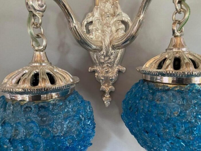 pair of 1990 french louis xvi style silver bronze sconces wall lamps with blue crystal shades 3813