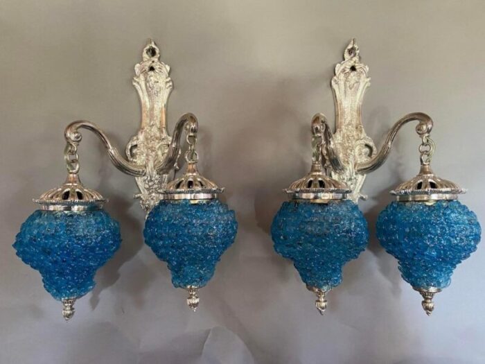 pair of 1990 french louis xvi style silver bronze sconces wall lamps with blue crystal shades 5830