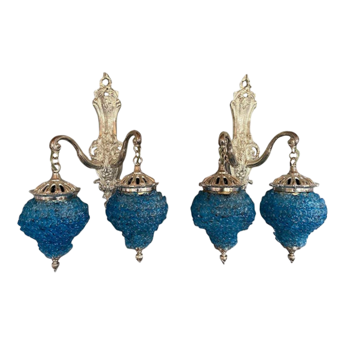 pair of 1990 french louis xvi style silver bronze sconces wall lamps with blue crystal shades 6281