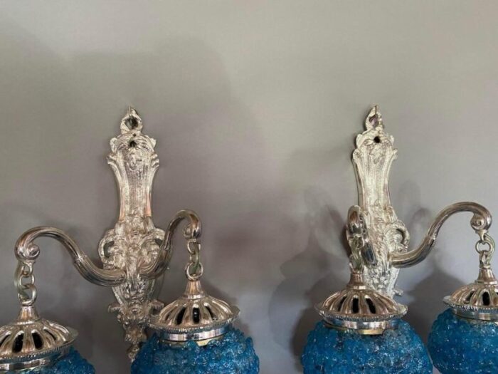 pair of 1990 french louis xvi style silver bronze sconces wall lamps with blue crystal shades 6501