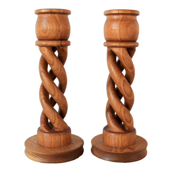 pair of hand carved wood open barely twist candlesticks 1321