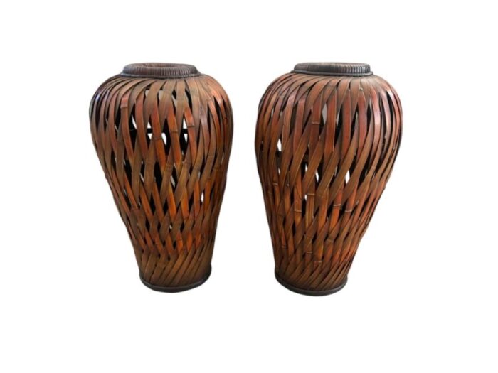 pair of late 20th century boho chic slatted bamboo floor vases 3839