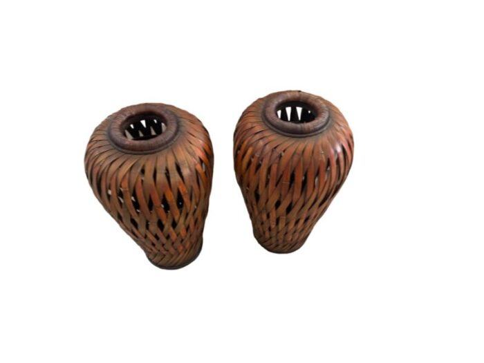 pair of late 20th century boho chic slatted bamboo floor vases 4093