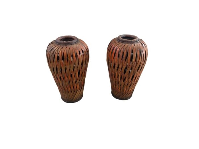 pair of late 20th century boho chic slatted bamboo floor vases 5631