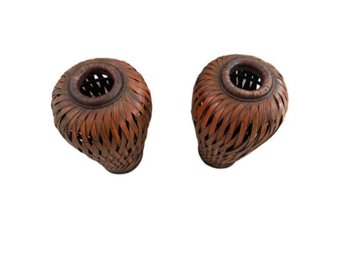 pair of late 20th century boho chic slatted bamboo floor vases 7112