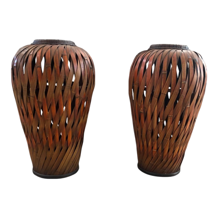 pair of late 20th century boho chic slatted bamboo floor vases 7970