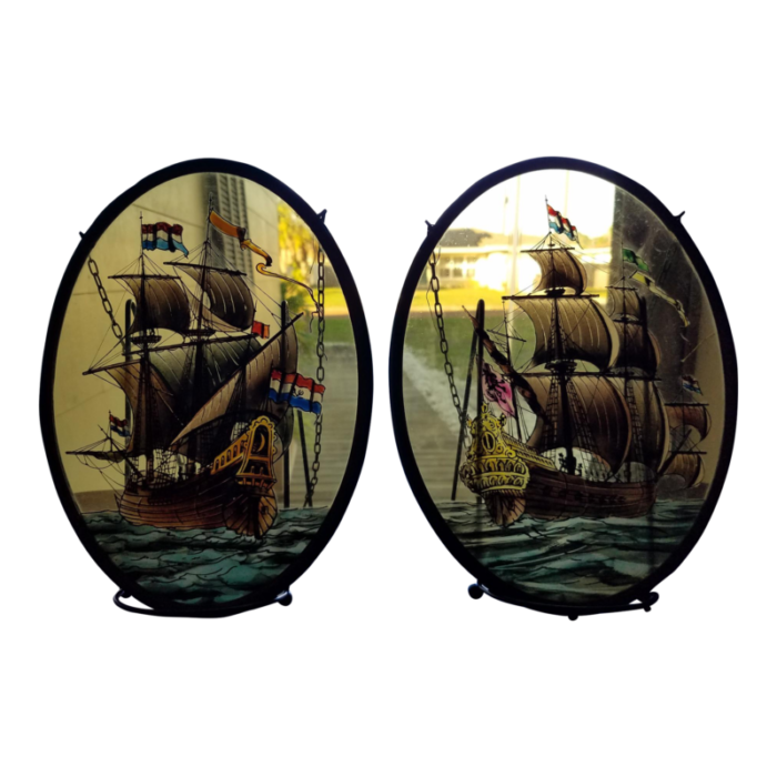 pair of mid 20th century reverse painted nautical dutch ships sun catchers 0891