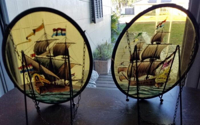 pair of mid 20th century reverse painted nautical dutch ships sun catchers 3829