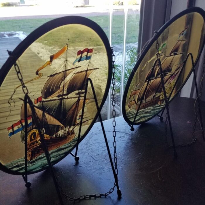 pair of mid 20th century reverse painted nautical dutch ships sun catchers 5796