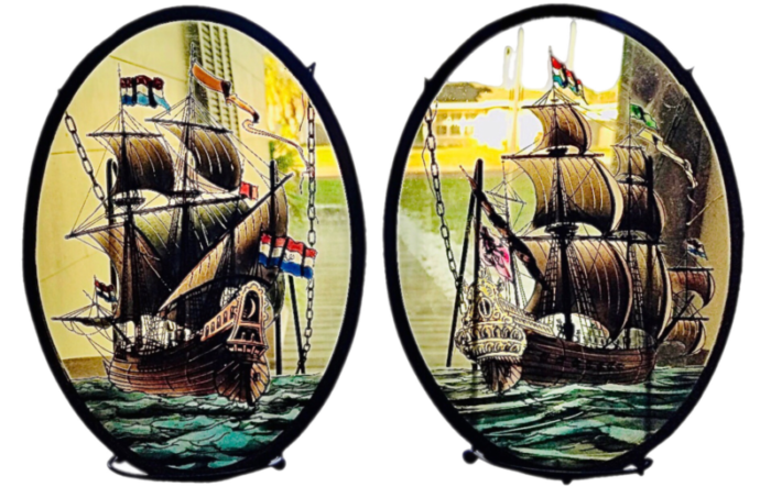 pair of mid 20th century reverse painted nautical dutch ships sun catchers 5951