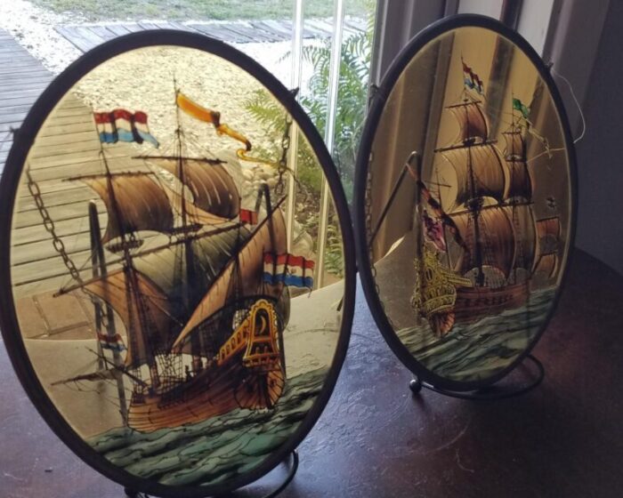 pair of mid 20th century reverse painted nautical dutch ships sun catchers 6008