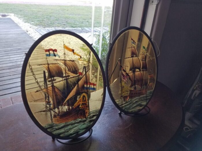 pair of mid 20th century reverse painted nautical dutch ships sun catchers 8310