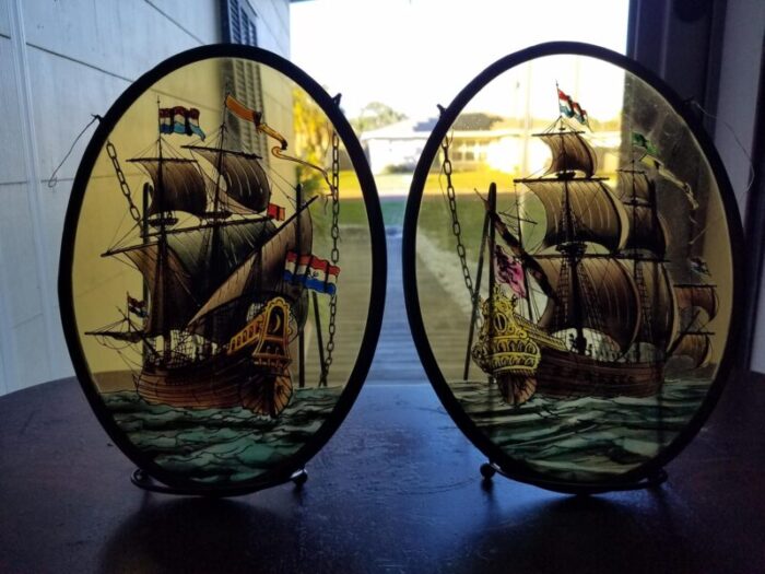 pair of mid 20th century reverse painted nautical dutch ships sun catchers 8591