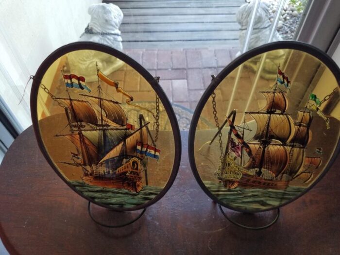 pair of mid 20th century reverse painted nautical dutch ships sun catchers 8948