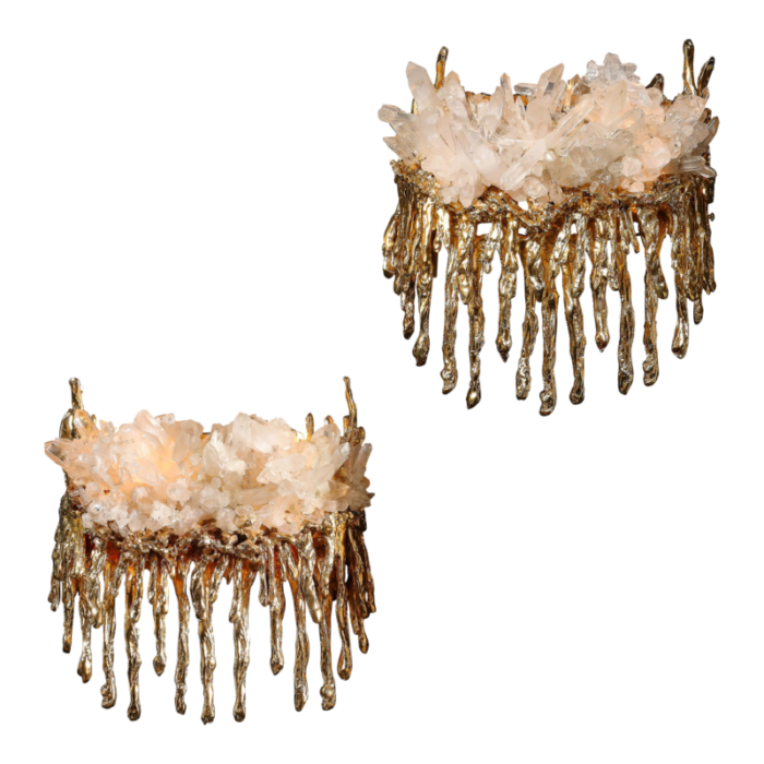 pair of modernist sconces in exploded 24k gilt bronze and crystal by claude boeltz 2398