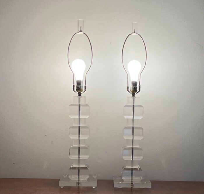 pair of vintage 1970s clear and frosted lucite chunky stacked table lamps 2226