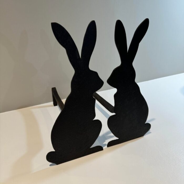 pair of vintage black bunny metal andirons 3456