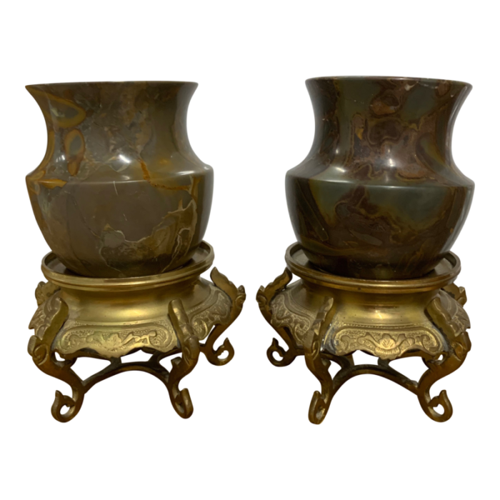 pair of vintage small marble urns on ornate brass stands 8337