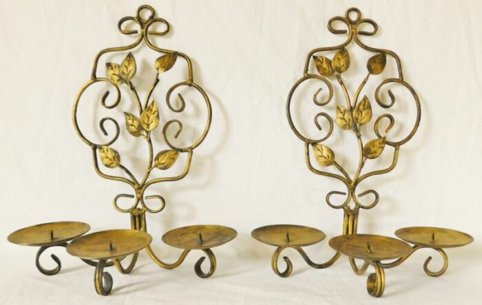 pair vintage gold metal ornate leaf design triple pillar candle holder wall sconces 1430