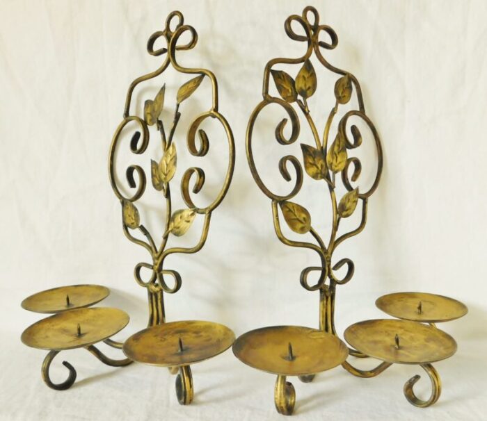 pair vintage gold metal ornate leaf design triple pillar candle holder wall sconces 3793