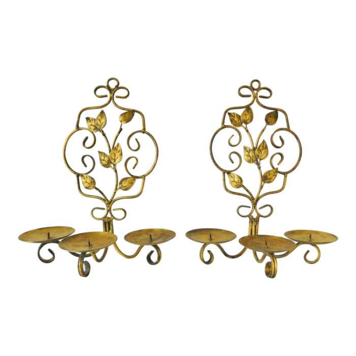 pair vintage gold metal ornate leaf design triple pillar candle holder wall sconces 8011