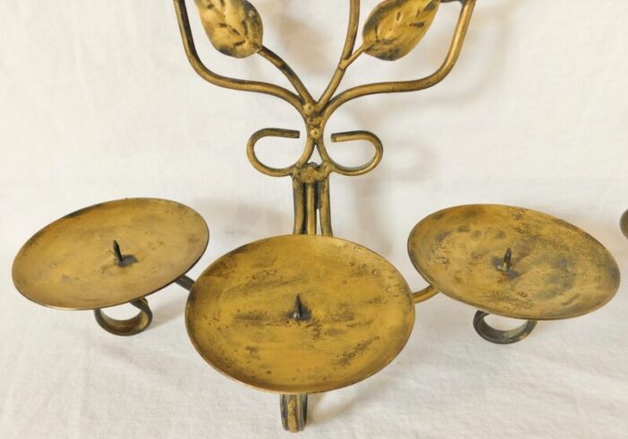 pair vintage gold metal ornate leaf design triple pillar candle holder wall sconces 8607