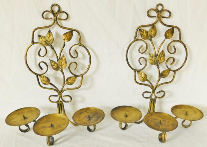 pair vintage gold metal ornate leaf design triple pillar candle holder wall sconces 9601