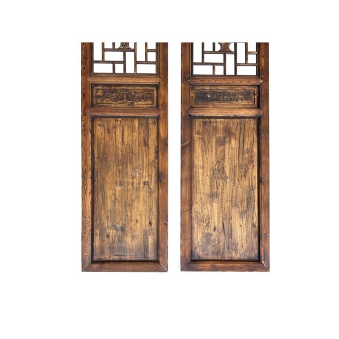 pair vintage tall flower bird geometric pattern raw wood door panels 1630