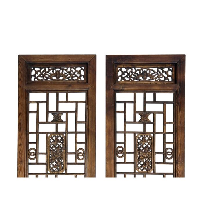 pair vintage tall flower bird geometric pattern raw wood door panels 6824