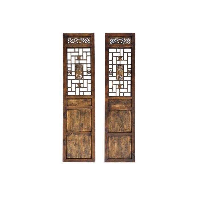 pair vintage tall flower bird geometric pattern raw wood door panels 7661