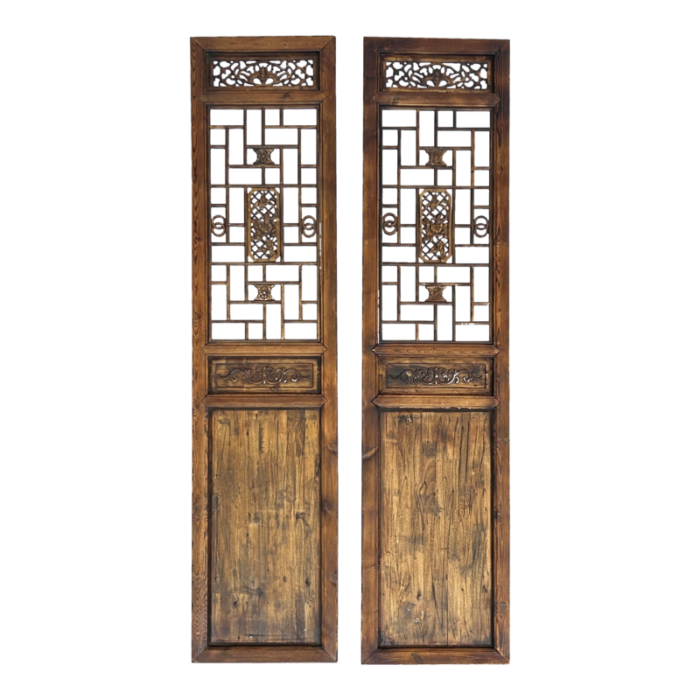 pair vintage tall flower bird geometric pattern raw wood door panels 8589