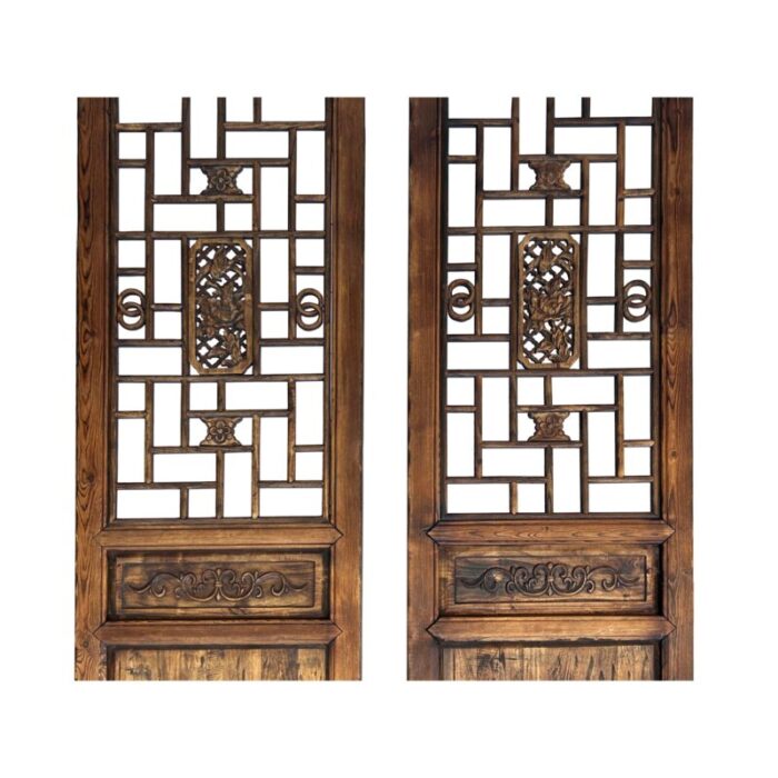 pair vintage tall flower bird geometric pattern raw wood door panels 9098