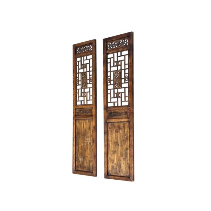 pair vintage tall flower bird geometric pattern raw wood door panels 9864