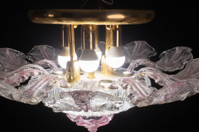 pink murano glass leave ceiling light or chandelier 1970s 0126