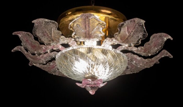 pink murano glass leave ceiling light or chandelier 1970s 7936