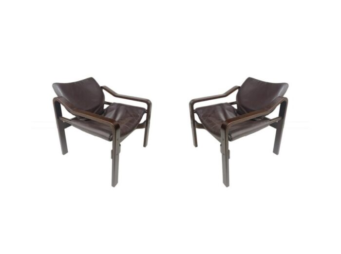 plywood dark brown leather upholstery armchairs 1970s set of 2 1