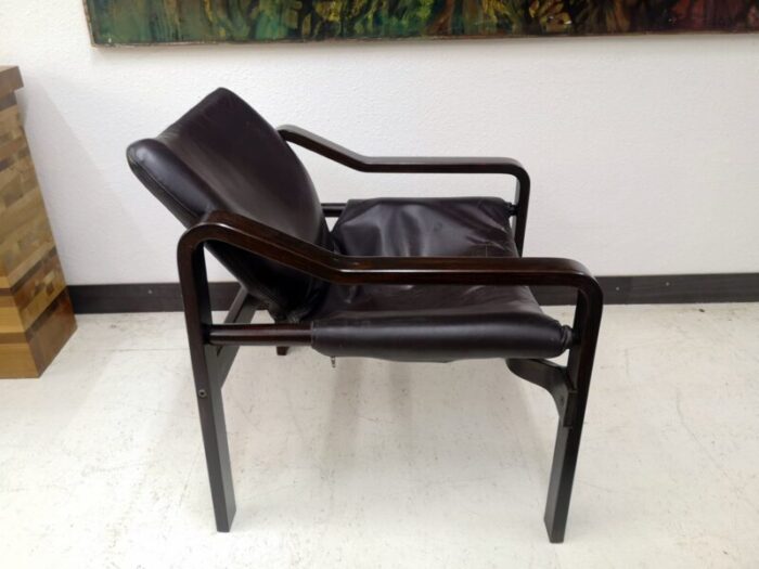 plywood dark brown leather upholstery armchairs 1970s set of 2 4