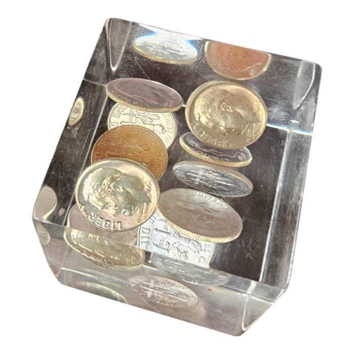 pop art acrylic or lucite cube with 1964 dimes 0925