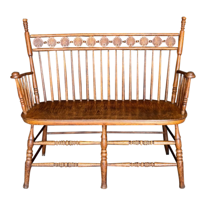 rare antique american oak spindle back lollipop 2 seat settee 19th century 6817