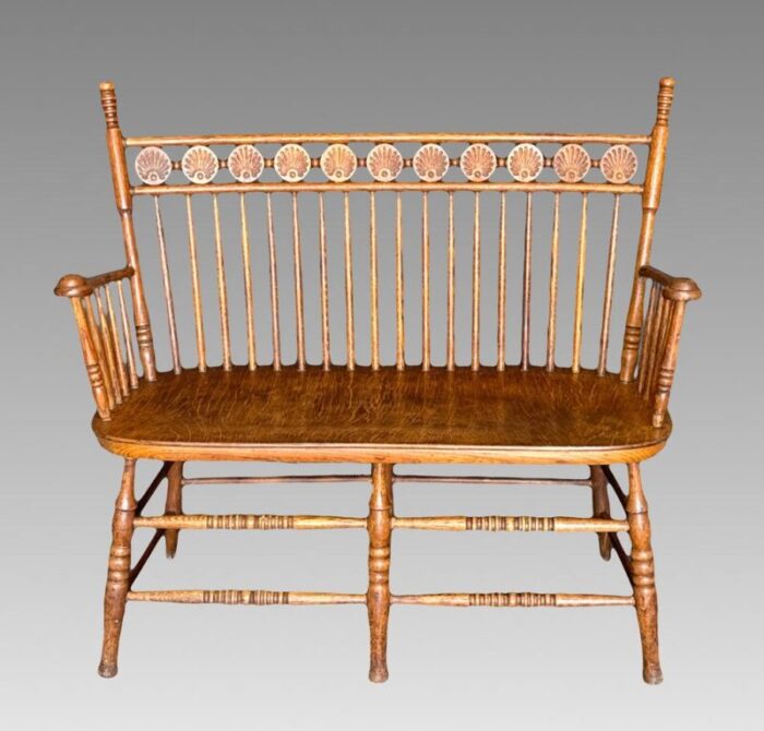 rare antique american oak spindle back lollipop 2 seat settee 19th century 8426