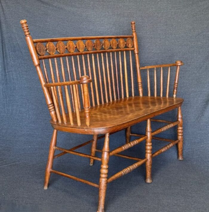 rare antique american oak spindle back lollipop 2 seat settee 19th century 9611