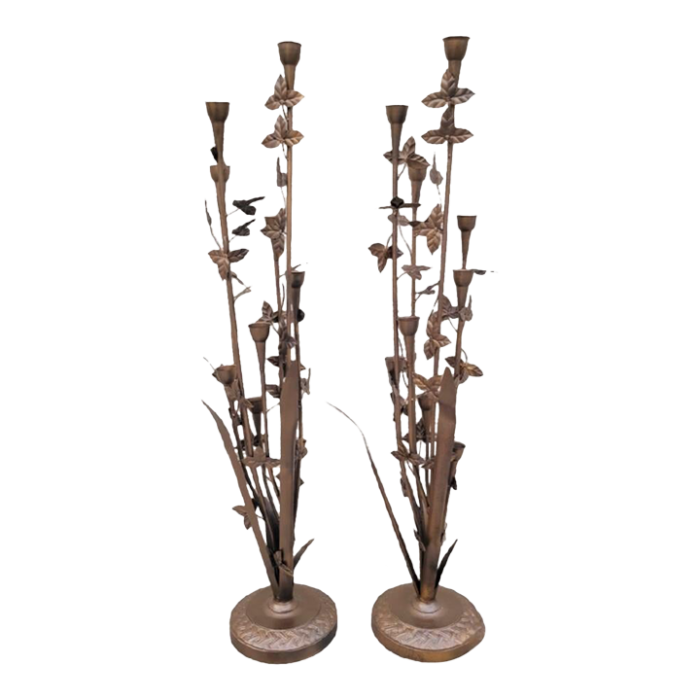 rare monumental antique hans kogl style solid iron tole bronze leaf floor standing 7 cup candle holders a pair 3734